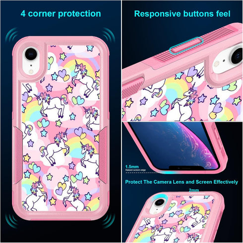 CaseTown Case for iphone XR, Rainbow Unicorn Design Dual Layer Heavy Duty Shockproof Defender Bumper Back Case Silicone Protective Armor Women Gir...