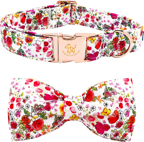 Elegant little tail Dog Collar, Pink Rose Print Pet Collar Summer Dog Collar Durable Metal Buckle Dog Collars Cotton Pet Adjustable Dog Collars fo...
