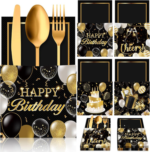 36 Pcs Black and Gold Birthday Party Favors Silverware Holder Bags Paper Utensil Cutlery Holder Disposable Knife Fork Spoon Sleeves Pocket for Hap...