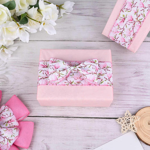 2 Rolls 20 Yards Pink Floral Wired Edge Ribbon Magnolia Flower Printed Burlap Ribbon for Gift Wrapping Bow Wreath Making for Birthday Wedding Craf...