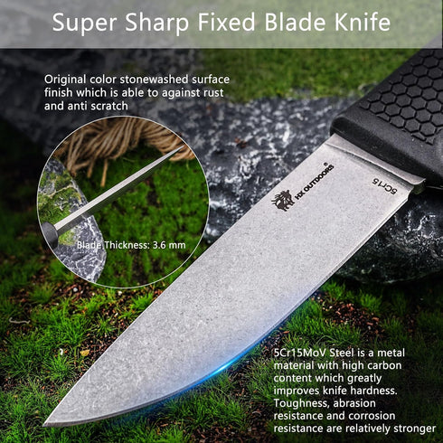 HX OUTDOORS Full Tang Camping Knife, 5CR15 MOV Stainless Steel Fixed Blade Survival Bushcraft Knife with Plastic Sheath (Black)...