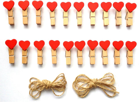 LWR CRAFTS Red Heart Wooden Mini Clothespins 20 Pieces and Jute Cord 8ft...