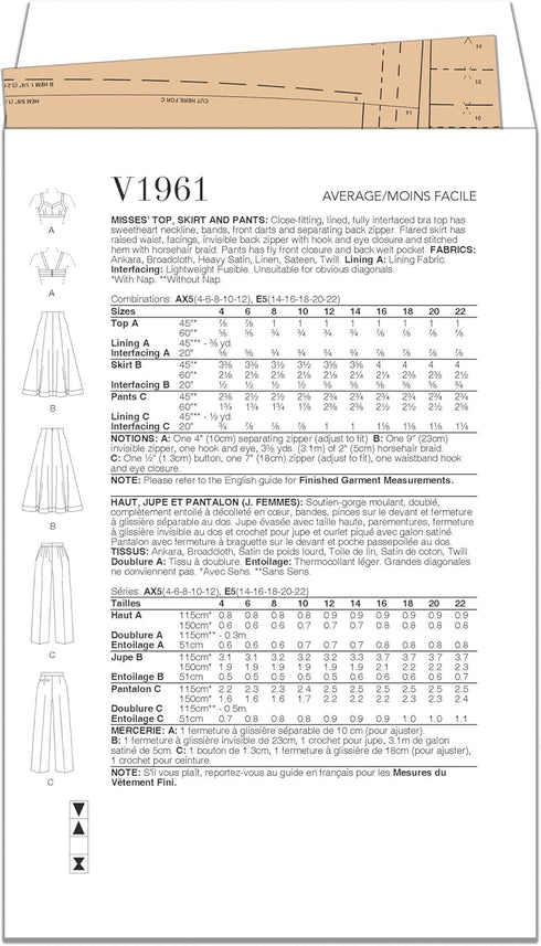 Vogue Misses' Lined Bra Top, Flared Skirt and Pants Sewing Pattern Packet, Design Code V1961, Sizes 14-16-18-20-22...