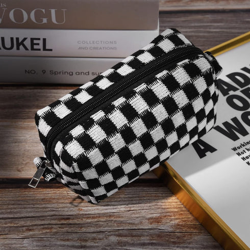 Makeup Bag Checkered Cosmetic Bag Black Makeup Pouch 1Pcs Large Capacity Makeup Bags and 1Pcs Makeup Brushes Storage Bag Travel Toiletry Bag Organ...