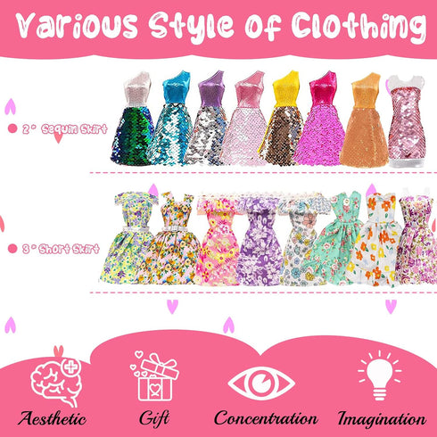 16 Pcs Doll Clothes and Accessories for Doll, 11.5 Inch Doll Outfit Collection Including 3 Short Skirts 2 Sequin Skirts 2 Sets 3 Tops 3 Pants 3 Fl...