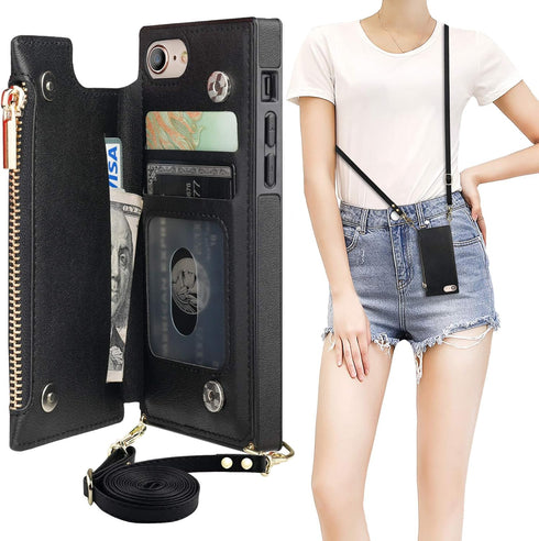Bocasal Crossbody Wallet Case for iPhone SE 2022/SE 2020/7/8 with Card Holder,Zipper Card Slot Protector Shockproof Purse Cover with Removable Cro...