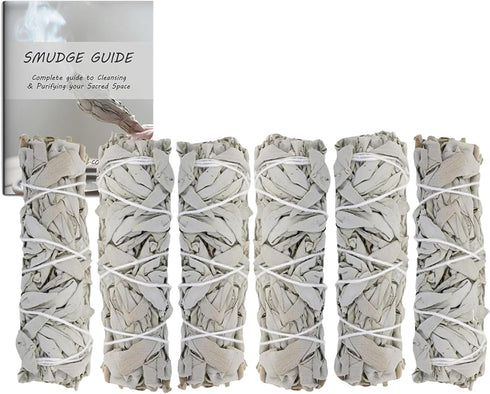 Ancient VEDA 4 Inch White Sage Smudge Sticks Bulk with Starter Guide (6 Pack) Smudge Sticks Sage for Cleansing House | White Sage for Smudging and...