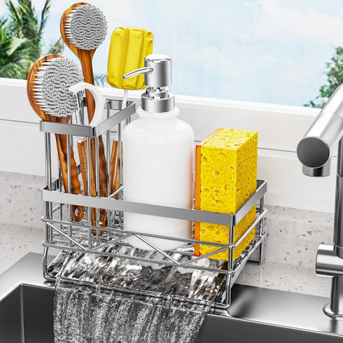 Silver Sink Caddy Sponge Holder for Kitchen Sink with Brush Holder and Stainless Steel Self Drain Tray, Rustproof Kitchen Sink Organizer for Spong...