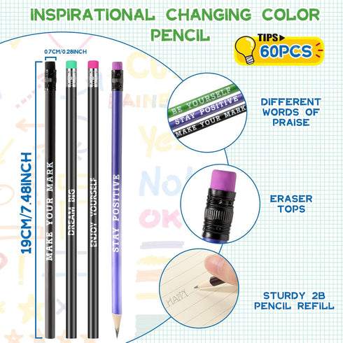 60 Pcs Inspirational Pencils Personalized Pencils with Name Cute Pencils Motivational Pencils for Student Color Changing Mood Pencils for Kids Sch...