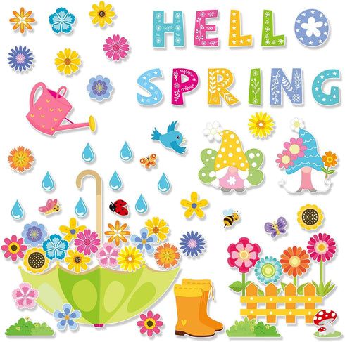Konsait Spring Bulletin Board Decorations, 68Pcs Spring Bulletin Board Set, Big Umbrella Flowers Waterdrop Spring Cutouts for Home Office Classroo...