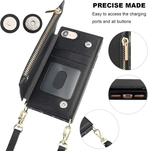 Bocasal Crossbody Wallet Case for iPhone SE 2022/SE 2020/7/8 with Card Holder,Zipper Card Slot Protector Shockproof Purse Cover with Removable Cro...