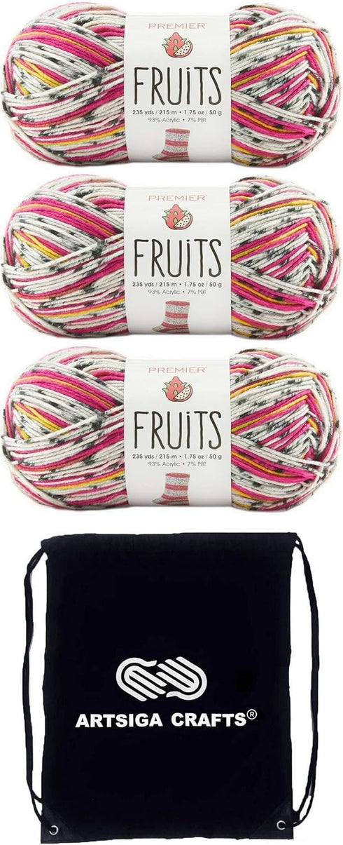 Premier Yarns Fruits Dragon Fruit 2052-02 (3-Skeins - Same Dye Lot) Weight #1 Acrylic Yarn for Crocheting and Knitting - Bundle with 1 Artsiga Cra...