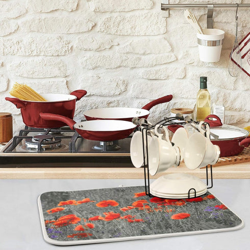 Beautiful Meadow Red Poppy Flowers Absorbent Dish Drying Mat Microfiber Kitchen Countertop Table Protector Multi-Purpose Counter Rack Sink Drainer...