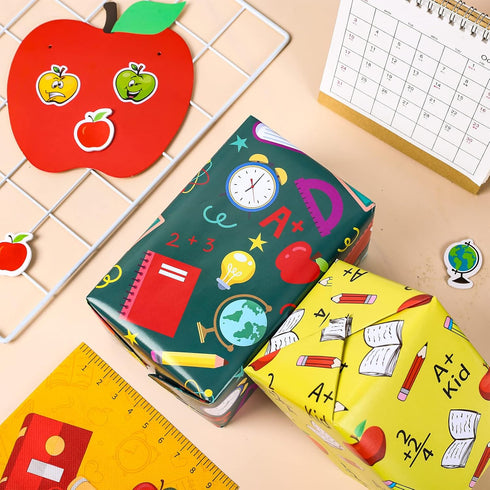 Whaline 12 Sheet Back to School Wrapping Paper Bulk Pencil Apple ABC Book Prints Gift Wrap Paper 19.7 x 27.6 Inch Folded Flat Art Paper for First ...