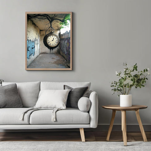 Posterizer-surreal street art scene-melting classic clock -1-Abstract & Modern Art Gift for Street Art, Mural Fans Living Room Bedroom Decor- unfr...
