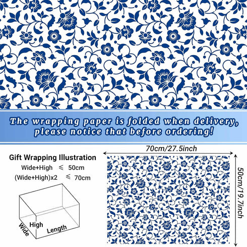 Bolsome 12 Sheets Blue Floral Wrapping Paper Blue White Flowers Patterned Gift Wrap Paper Chinoiserie Art Paper for Bridal Shower Wedding Spring T...