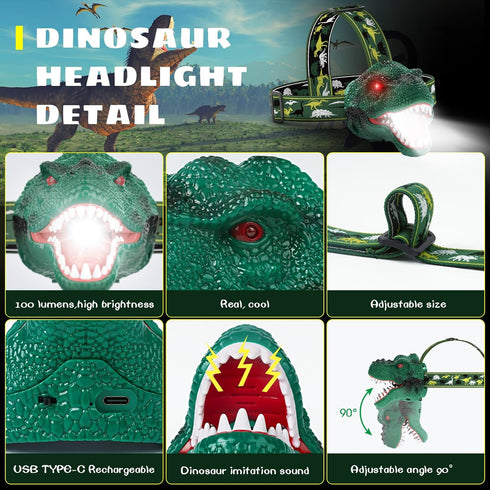 Dysaim Kids Headlamp,Rechargeable T-Rex Dinosaur Headlamp for Kids and LED Head Lamp Camping Gear Flashlight,Hiking Accessories Headlight Toys,Fou...