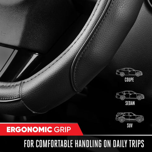Motor Trend Stealth D-Shaped Steering Wheel Cover - Premium Flat Bottom Car Steering Wheel Cover, Black Faux Leather Sterring Wheel Cover, Standar...