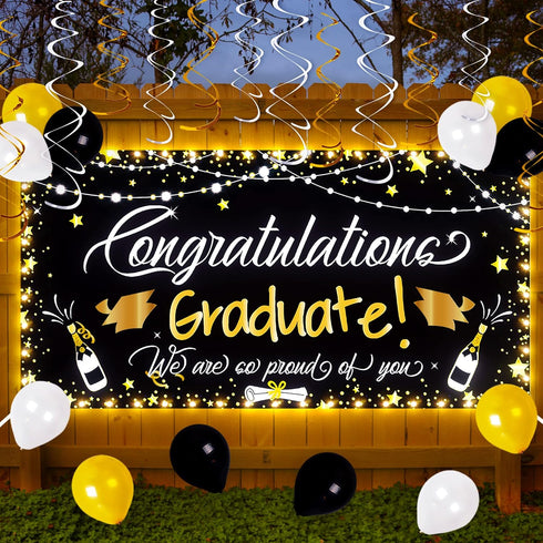 90shine Graduation Decorations Class of 2025 - Lighted Large Congrats Grad Banner Garland Photo Backdrop+Balloons+Hanging Swirls Party Supplies (2...