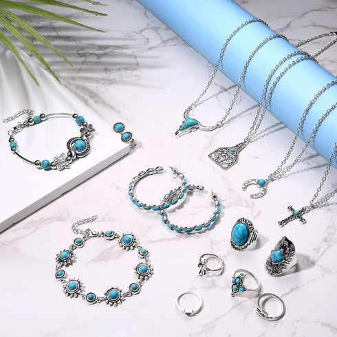 ORAZIO Western Jewelry for Women Turquoise Boho Jewelry Set Bohemian Layered Western Necklace Turquoise Hoop Dangle Earrings Studs Vintage Knuckle...