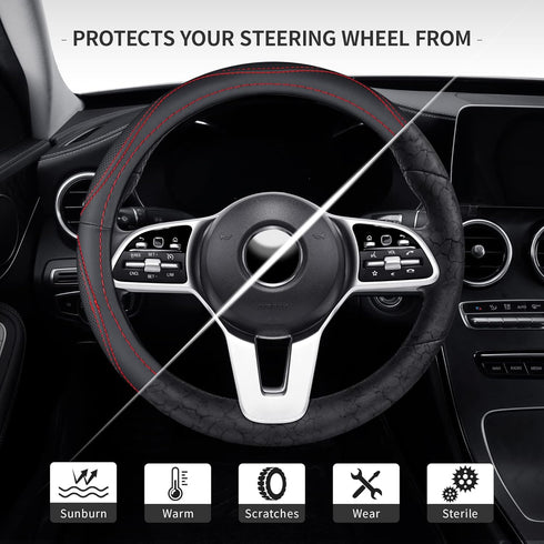 Microfiber Leather 15" Universal Fit Car Steering Wheel Cover, Elastic Breathable and Odorless, Black with Red Accent...