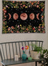 Rexful Moonlit Garden Tapestry, Moon Phase Surrounded by Plants and Flowers Black Wall Hanging Blanket 44×60 inch...