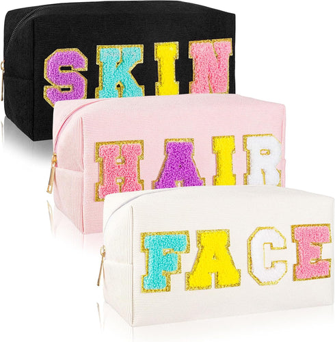 ZAUGONTW 3 Pcs Preppy Makeup Bags, Chenille Letter Bag Patch Makeup Bag, Face Skin Hair Cosmetic Bag with Zipper Patches Makeup Organizer Bag Set ...