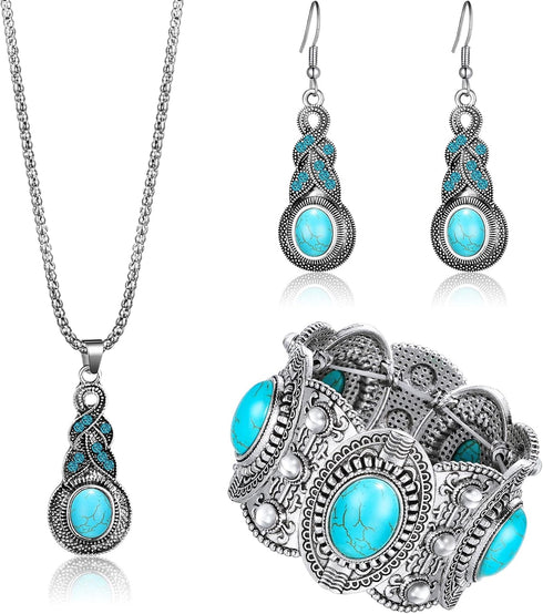 3 Pieces Bohemian Turquoise Set Women Western Jewelry Turquoise Pendant Necklace Western Turquoise Alloy Earrings Turquoise Bracelet for Women Wes...