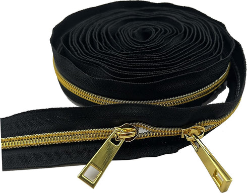 #5 Black Zipper Tape by The Yard Nylon Zippers for Sweing Gold Teeth 10 Yard with 20pcs Zipper Pulls for Bags and Purses Handback Craft Making...