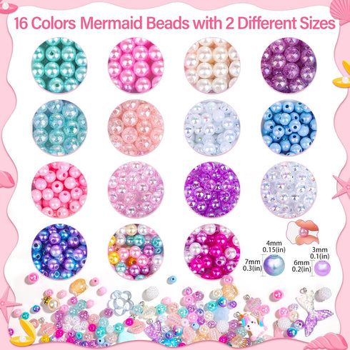 Qinzave 802Pcs Bracelet Making Kit for Girls Mermaid Beads for Jewelry Making Assorted Sizes 6mm 8mm Jewelry Making Kit with Mermaid Shell Pendant...