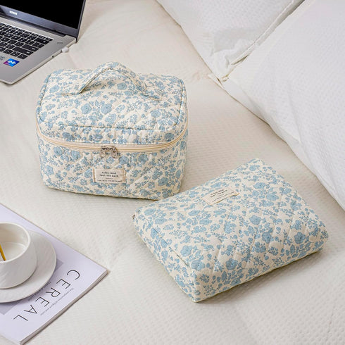 2 Pcs Large Quilted Makeup Bag, Cotton Quilted Toiletry Bag for Women,Floral Coquette Makeup Bag,Cute Kawaii Travel Cosmetic Bags(03Lightblue Flow...