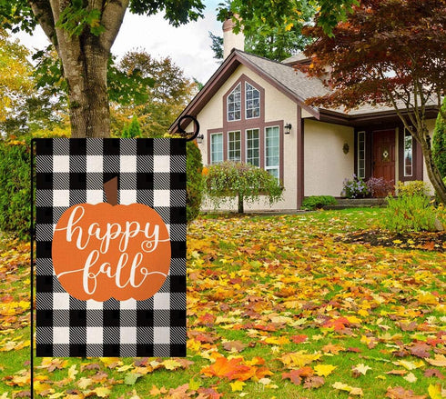 Happy Fall Pumpkin Thanksgiving Garden Flag Vertical Double Sided Farmhouse Autumn Buffalo Check Burlap Yard Outdoor Decor 12.5 x 18 Inches (13419...