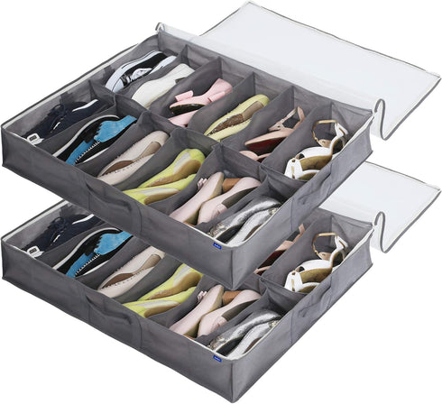 Surblue Under Bed Shoe Storage Organizer Underbed Shoes Closet Storage Solution 2 Metal zippers and 3 Handles with Clear Cover for Men's and Women...
