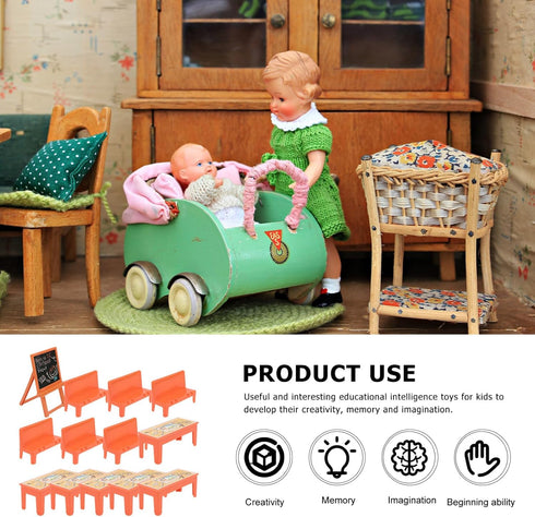 NUOBESTY 13pcs Yellow Table and Chairs Blackboard Model Mini Scene Doll Locker Mini Wooden Blackboard Kids Desk Mini Classroom Toys Mini Accessori...