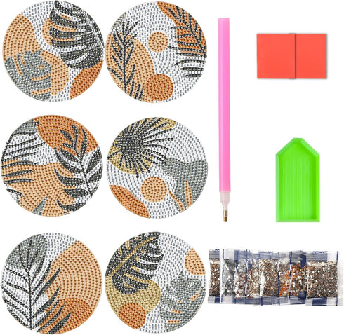 6 Pcs Leaves Diamond Coasters Kits, DIY Gray Leave Boho Diamond Art Coasters Non Slip Coaster for Adults Kids Beginners, Diamond Coasters Painting...