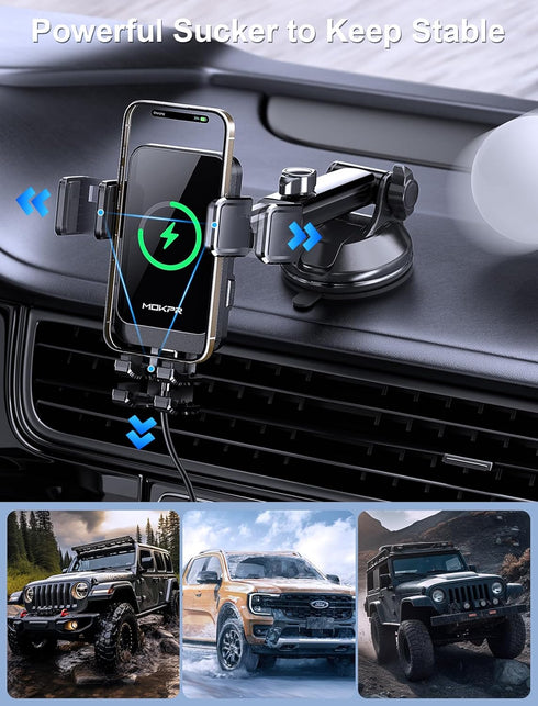 Wireless Car Charger, MOKPR 15W Fast Charging Auto Clamping Dashboard Windshield Air Vent Car Phone Holder with LED Light Car Charger for iPhone 1...