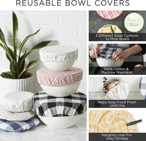 DII Reusable Cloth Bowl Cover Collection Machine Washable, Cotton with Elastic Stretch for Food Storage, 10.25"/8.25"/7.5" Diameter, Farmhouse Pla...