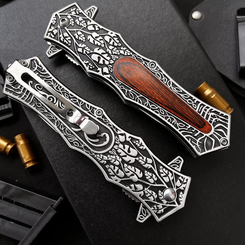Leaf Patterned Wood Handle Japanese Pocket Knife with Clip, 8.9" Tactical Survival Folding Knife for Outdoor Camping, Hunting, EDC, Fishing, Gifts...
