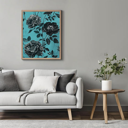 Posterizer 1 pcs-lush black flowers with blue background-Floral & Botanical Art-Abstract & Modern Art-Decor for Home & Office- UNFRAMED Wall Art...