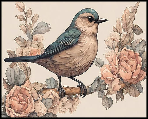 Posterizer 1 pcs- Blue and pink little bird on a tree with flowers-Art for Animal Lovers-Floral Botanical Art- Gift for Men Women Teens-Decor for...