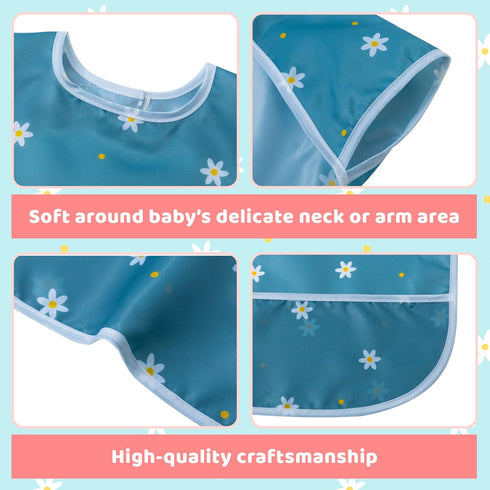 Little Dimsum Toddler Feeding Smocks Baby Waterproof Bib with Crumb Catcher Pocket Short Sleeve Adjustable Baby Bib, Pack of 2 Colors Flower Sets...