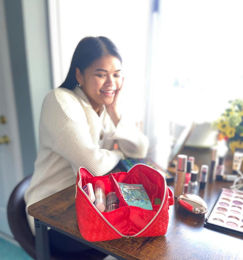 Travel Makeup Bag Water-resistant Large Capacity Red Cosmetic Bag With Elegant Woven Pattern Double-Sided Zipper And Smart Interior Organization F...