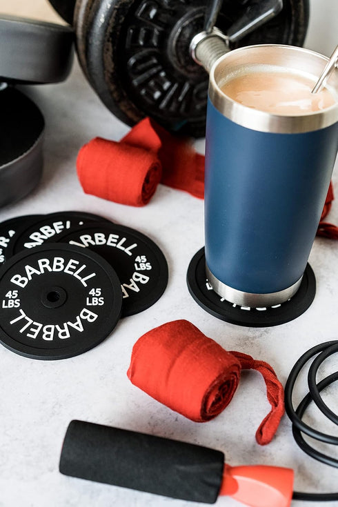 Barbell Bumper Plate Drink Coasters Set of 6, Round Black Silicone Coasters for Coffee Table, Absorbent Coaster for Drinks, Fitness Gym Gifts for ...