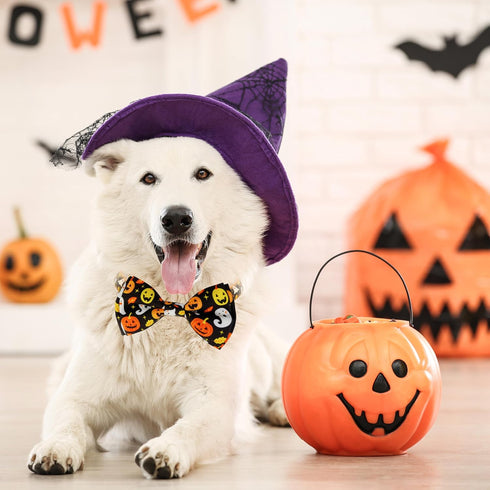Halloween Dog Collar with Bow tie, Ghost and Pumpkin Holiday Pet Collar for Small Medium Large Dog Puppies...