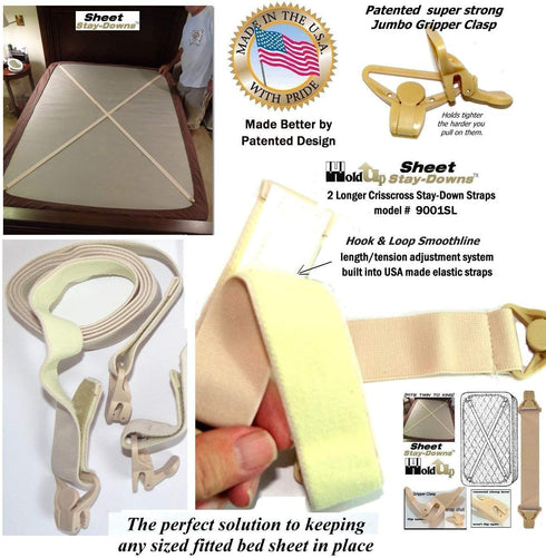 Hold-Up Brand Crisscross Fitted Sheet Strap Stay-Downs with US Patented Gripper Clasps...