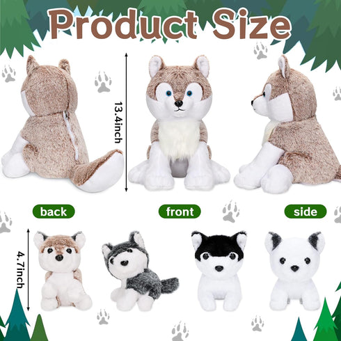 5PCS Wolf Plush Toys - 13.4 Inch Wolf Mom with Little Mini Babies Stuffed Animal Plush Huggable Cuddly Fluffly Wolf Plushie Family Set Gifts for G...