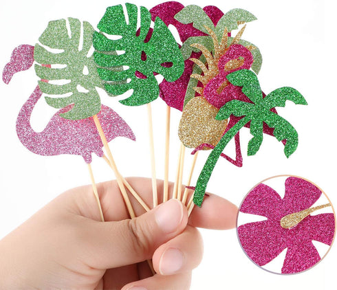 50 Pieces Tropical Hawaiian Luau Cupcake Toppers Glittery Hawaii Cake Cocktail Toothpick Flamingo Pineapple Hibiscus Flowers Palm Leaves Cupcake P...