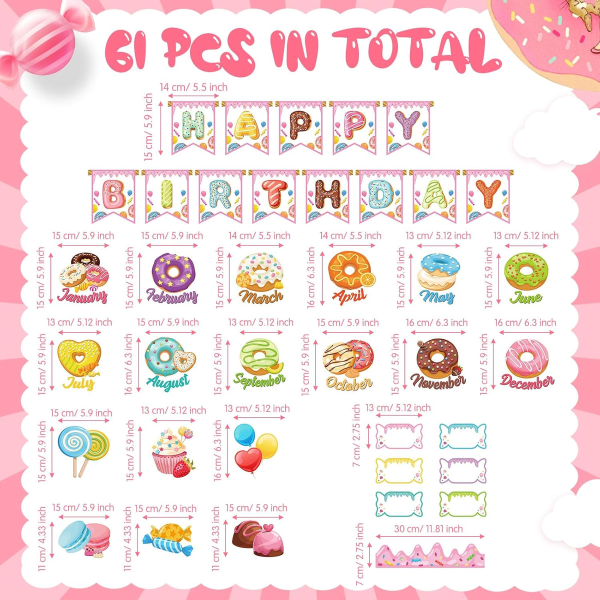 61 Pcs Happy Birthday Bulletin Board Set Donuts Theme Birthday ...