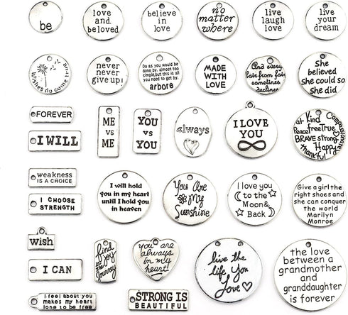 JIALEEY Motivational Charms, Wholesale Bulk Lots Inspirational Message Charm Pendants for Crafting, Jewelry Findings Making Accessory For DIY Neck...