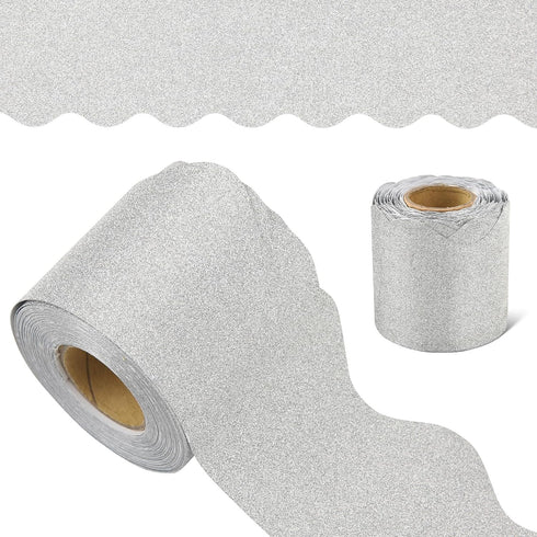 32.8 Feet Bulletin Board Borders,Scalloped Bulletin Board Trim Borders,Glitter Bulletin Board Borders for School, Classroom Decoration Strips (Sil...